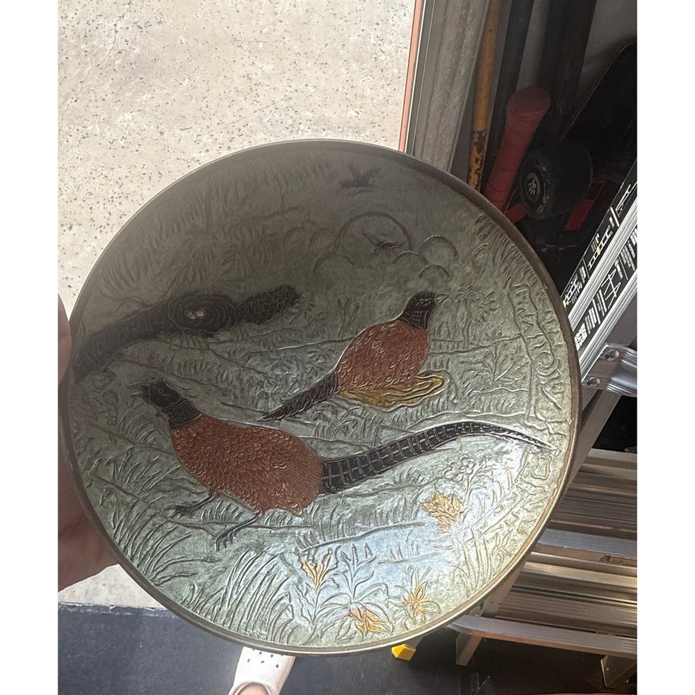 Vintage India Etched Brass Pheasant Bowl